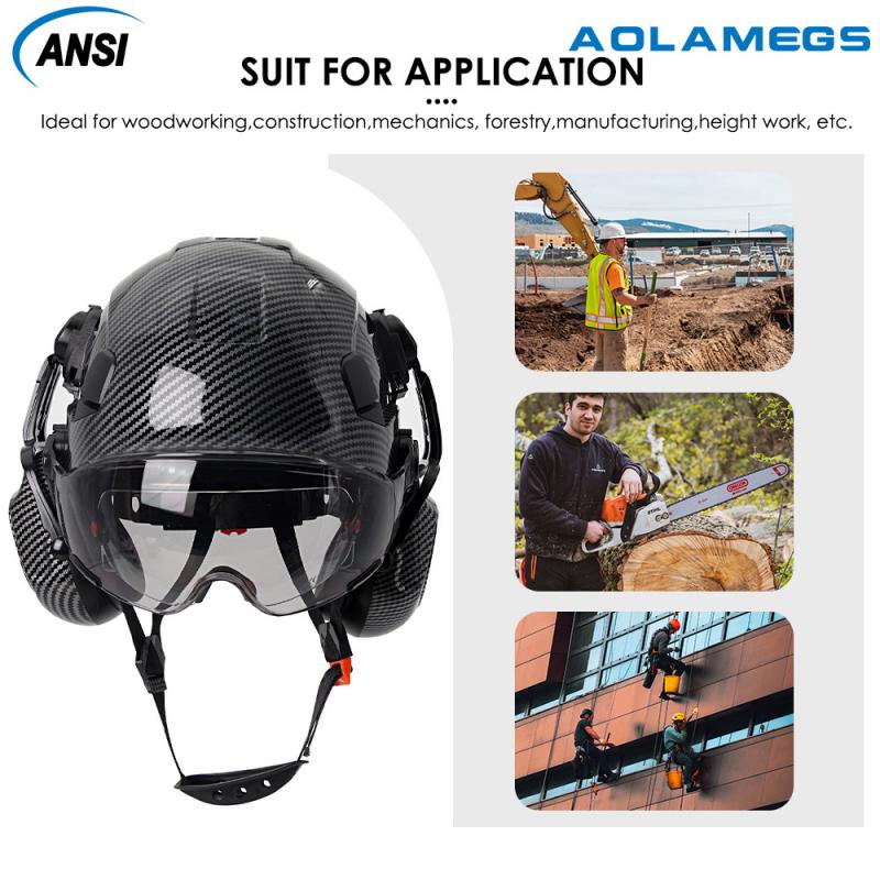 Casco di sicurezza CE in fibra di carbonio con paraorecchie Doppi occhiali Elmetto da costruzione in ABS per ingegnere Berretto da lavoro di alta qualità ANSI
