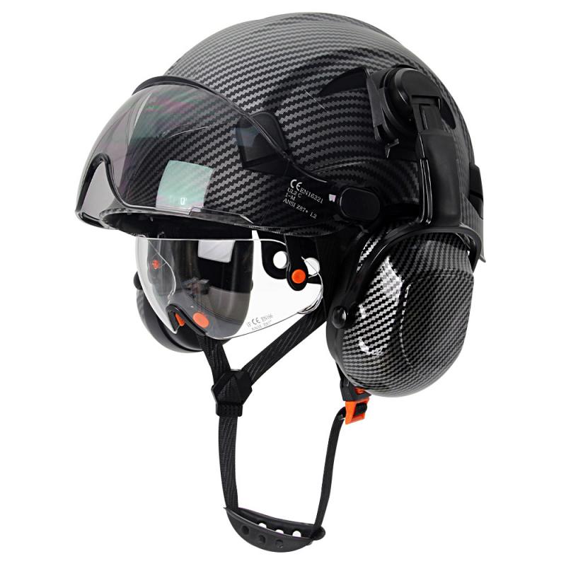 Casco di sicurezza CE in fibra di carbonio con paraorecchie Doppi occhiali Elmetto da costruzione in ABS per ingegnere Berretto da lavoro di alta qualità ANSI