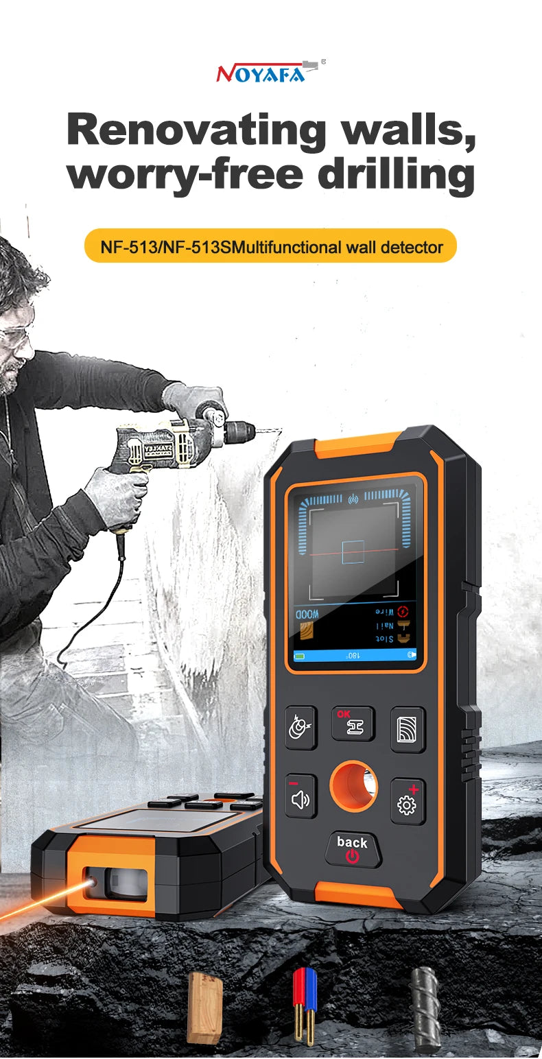NOYAFA Scanner portatile per metal detector da parete con foro di posizionamento Fili CA in legno Tubi metallici Rebarrili Strumento di rilevamento Cerca filo