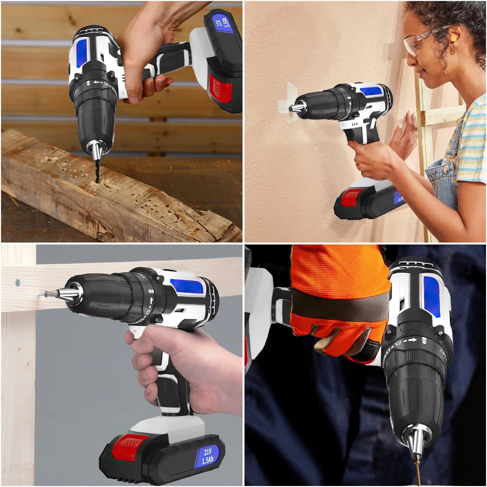 Trapano a percussione a batteria 21V Cacciavite elettrico Trapano a percussione elettrico Mini trapano a mano wireless 1400 giri/min Utensile elettrico multifunzionale