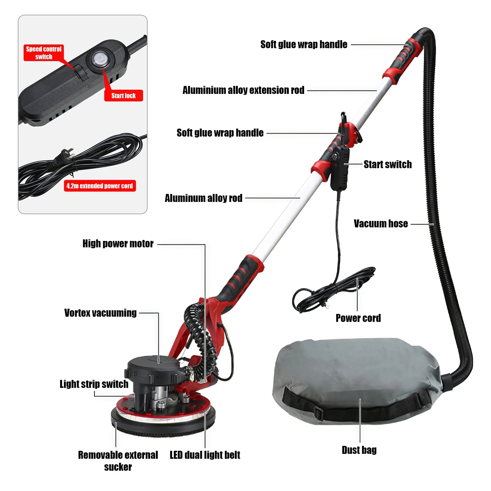 Levigatrice per cartongesso 220V Regola la velocità Pieghevole per lucidatura delle pareti del pavimento Guida Lucidatrice per stucco notturno a LED Macchina per la polvere automatica