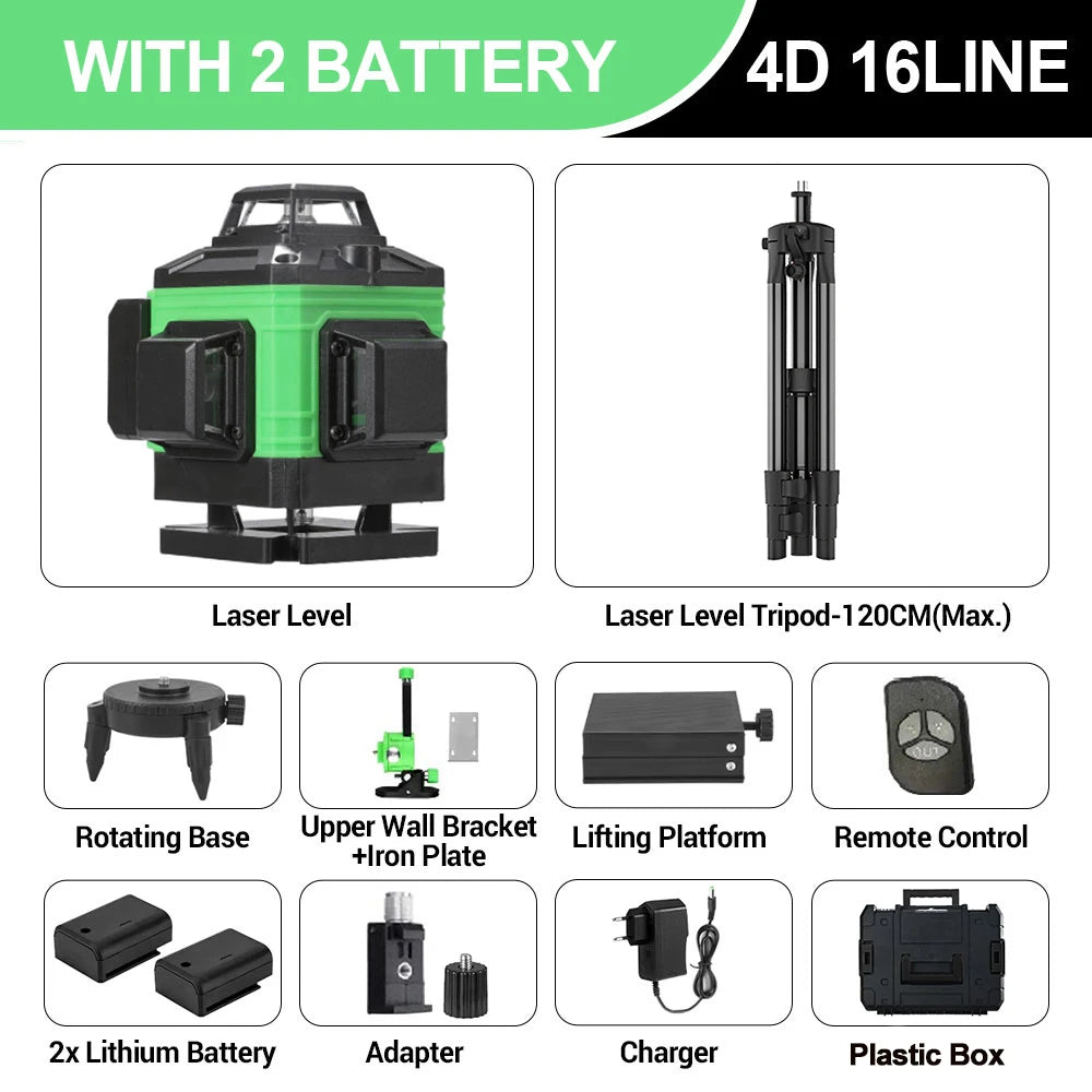 16 linee 4D livello Laser linea verde autolivellante 360 livello Laser di potenza orizzontale e verticale strumenti di costruzione professionali