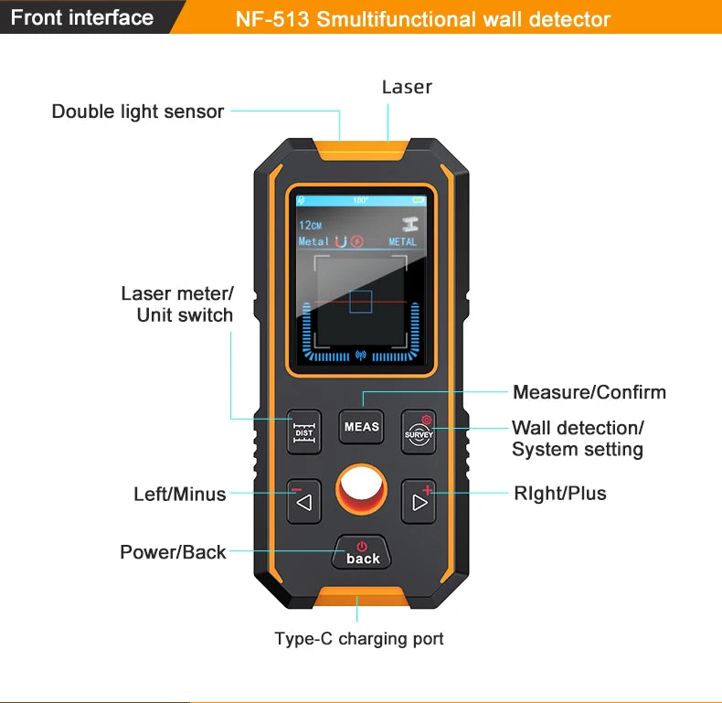 NOYAFA Scanner portatile per metal detector da parete con foro di posizionamento Fili CA in legno Tubi metallici Rebarrili Strumento di rilevamento Cerca filo