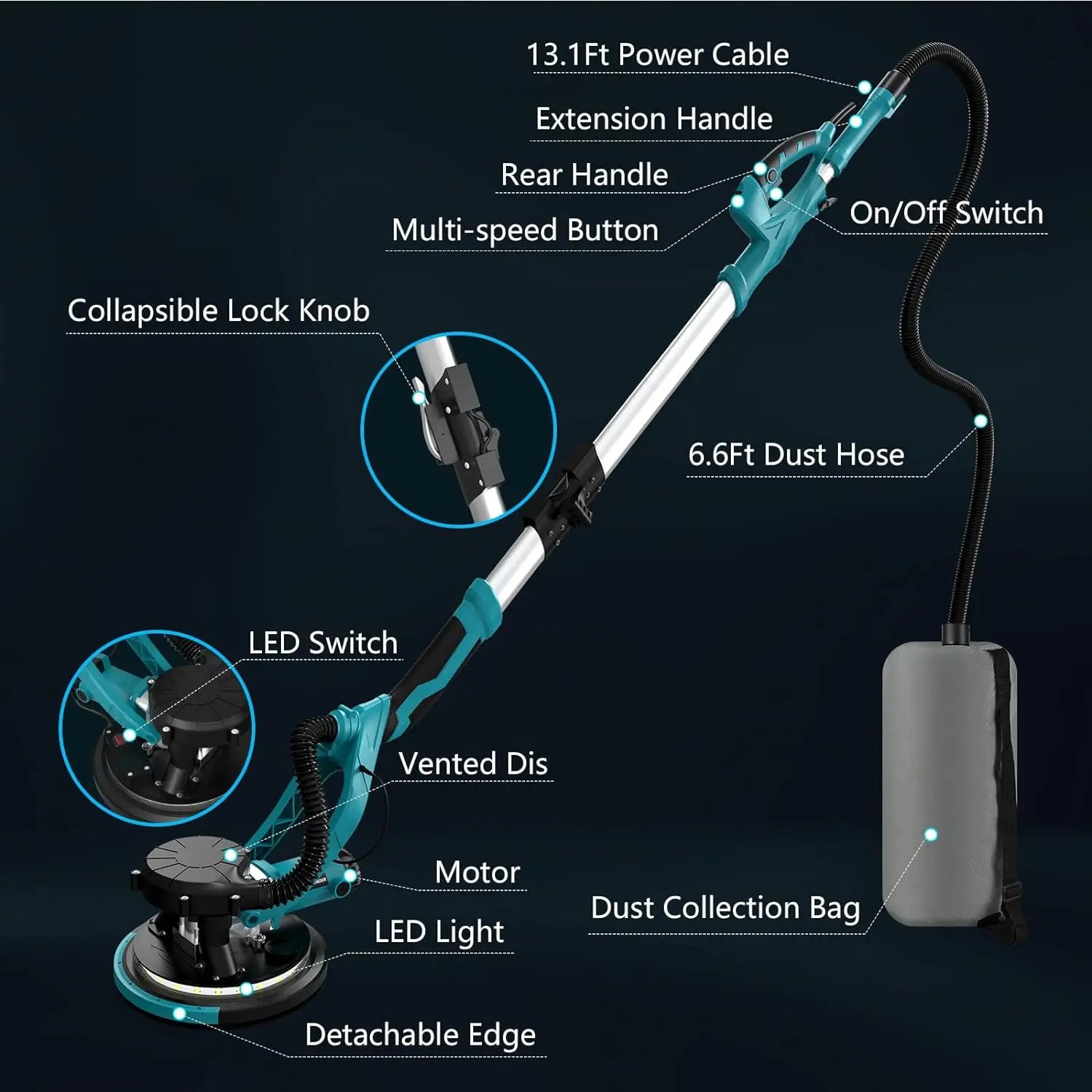 1250W levigatrice elettrica per cartongesso rettificatrice per pareti stucco senza polvere autoaspirante levigatrice portatile polvere automatica