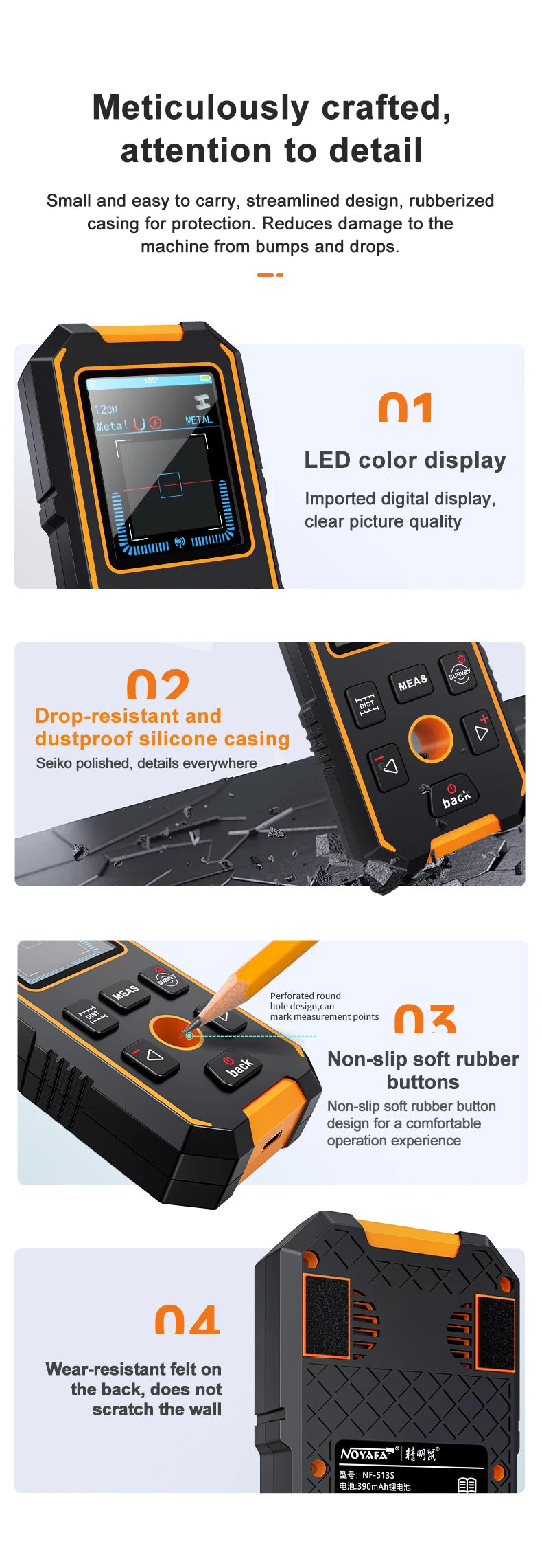 NOYAFA Scanner portatile per metal detector da parete con foro di posizionamento Fili CA in legno Tubi metallici Rebarrili Strumento di rilevamento Cerca filo