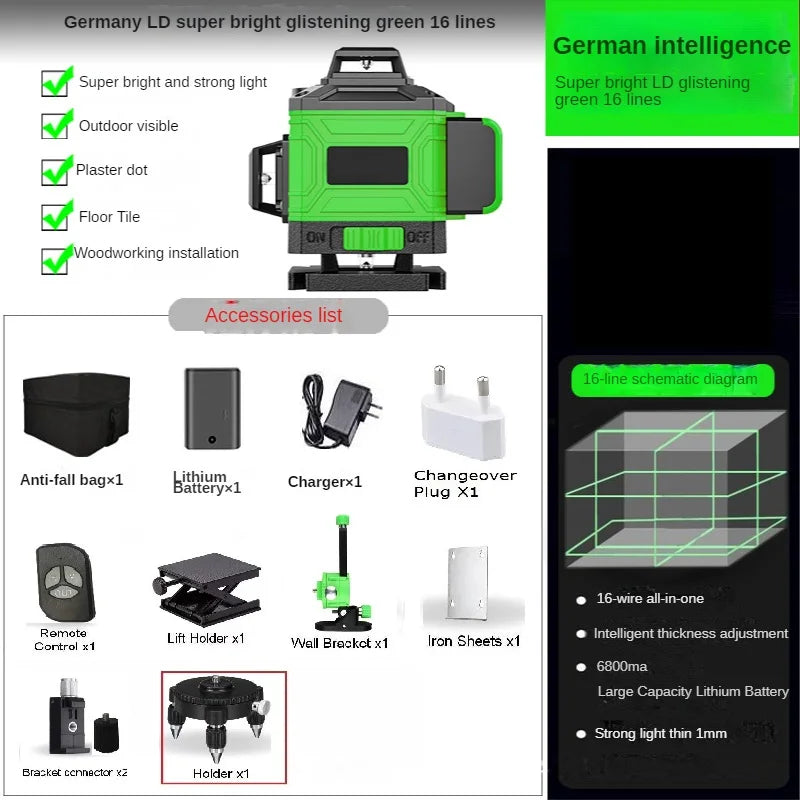 Laser 4D a 16 linee Livello 3 °   Strumento di livellamento con funzione autolivellante Linea di adesivi murali a terra omnidirezionale con supporto per treppiede