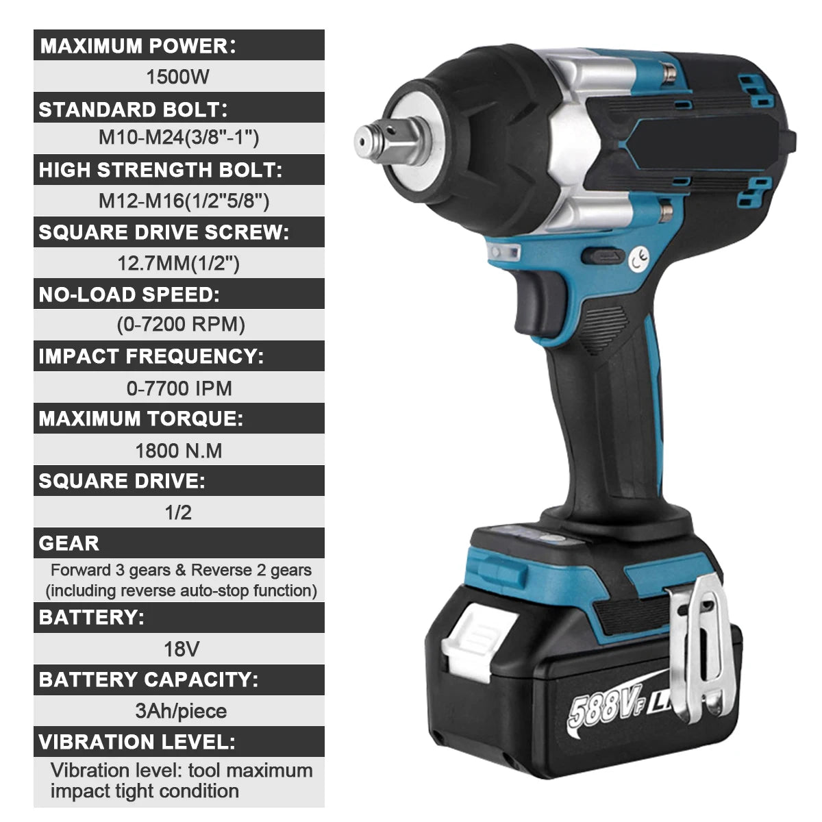 Chiave a percussione elettrica senza spazzole di coppia 1800N.M Batteria agli ioni di litio da 1/2 pollici Chiave a batteria Utensili elettrici per batteria Makita 18V