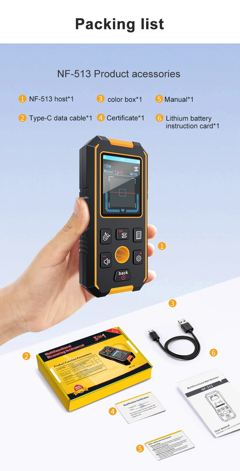 NOYAFA Scanner portatile per metal detector da parete con foro di posizionamento Fili CA in legno Tubi metallici Rebarrili Strumento di rilevamento Cerca filo