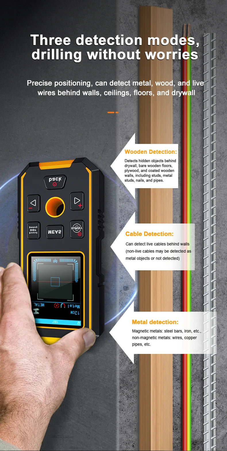 NOYAFA Scanner portatile per metal detector da parete con foro di posizionamento Fili CA in legno Tubi metallici Rebarrili Strumento di rilevamento Cerca filo