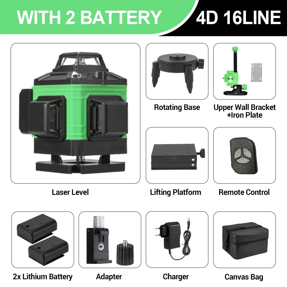 16 linee 4D livello Laser linea verde autolivellante 360 livello Laser di potenza orizzontale e verticale strumenti di costruzione professionali