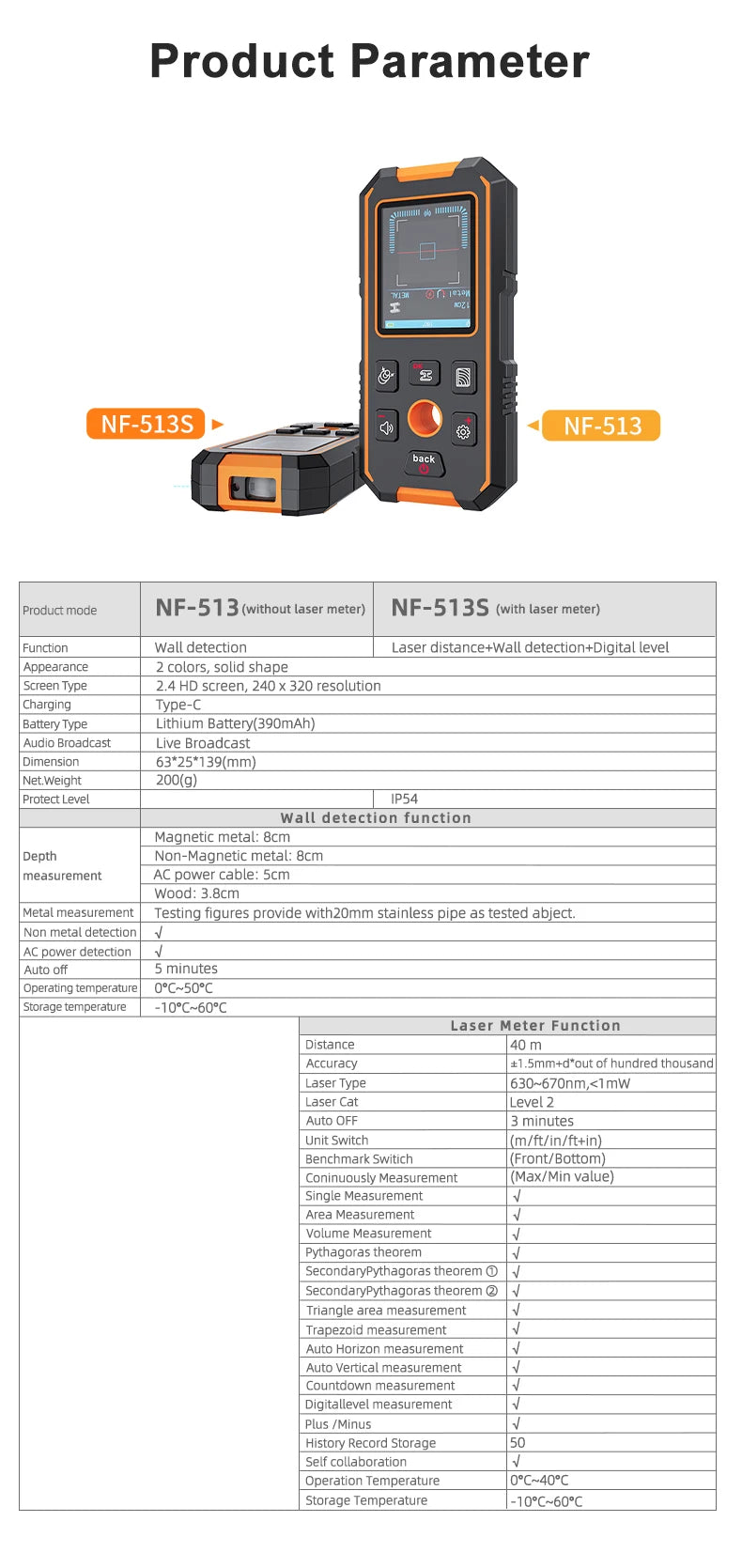 NOYAFA Scanner portatile per metal detector da parete con foro di posizionamento Fili CA in legno Tubi metallici Rebarrili Strumento di rilevamento Cerca filo