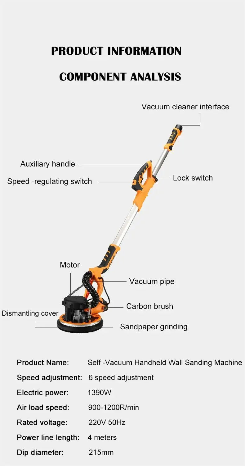 1390W levigatrice elettrica per cartongesso rettificatrice per pareti 225MM stucco senza polvere autoaspirante levigatrice portatile