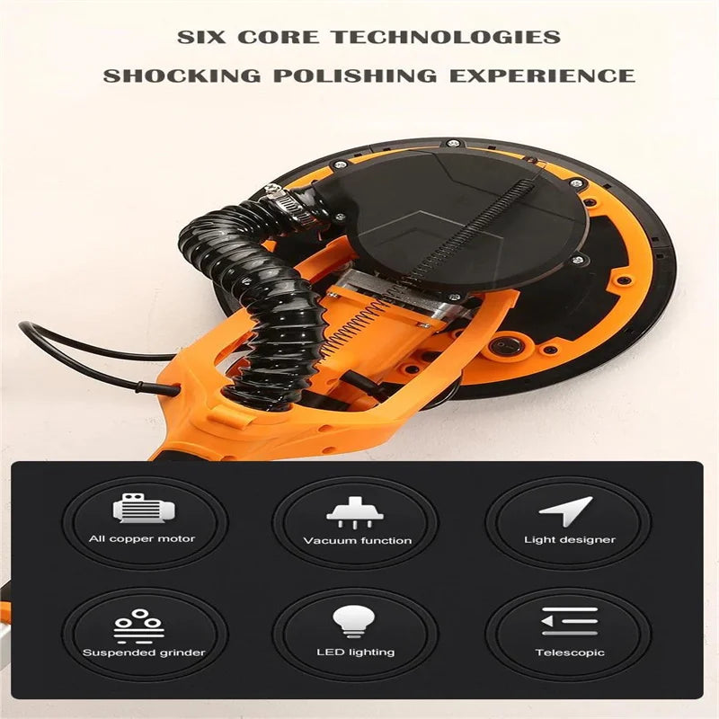 Levigatrice elettrica per cartongesso da 9 pollici Levigatrice per muro da 225 mm Stucco senza polvere SelfVuum LED Asta lunga Lucidatrice per carta vetrata