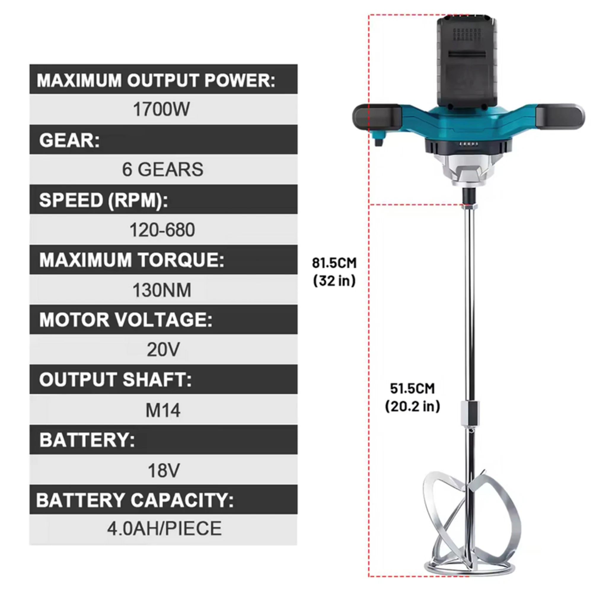 GECOFEER 6Gears Cordless Elettrico Betoniera Mixer Brushless Malta di Cemento Gesso Mixer Frullatore Vernice Mix Per makita 18v batteria