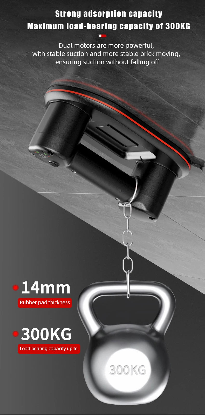 Sollevatore per carichi pesanti con ventosa elettrica a vuoto di grado industriale da 300 kg per piastrelle di granito, vetro, legno, pietra, batteria 3600 mAh