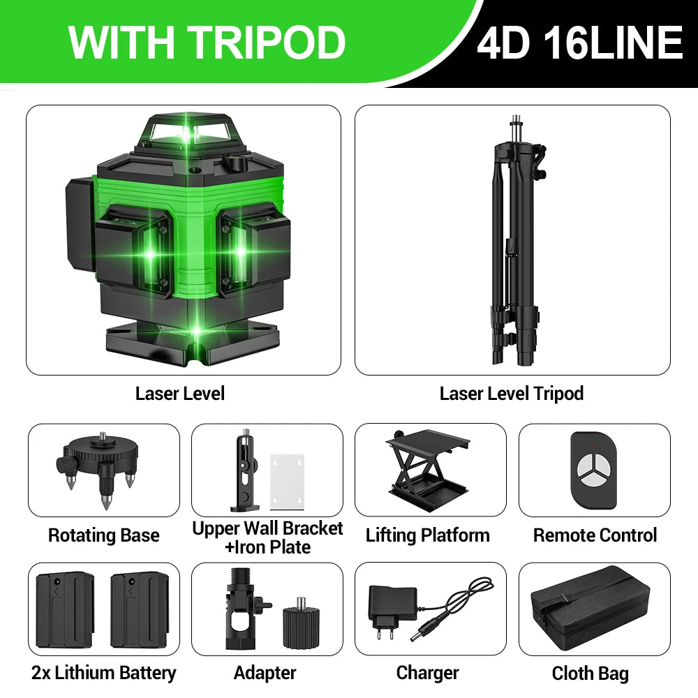 Laser 4D a 16 linee Livello 3 °   Strumento di livellamento con funzione autolivellante Linea di adesivi murali a terra omnidirezionale con supporto per treppiede