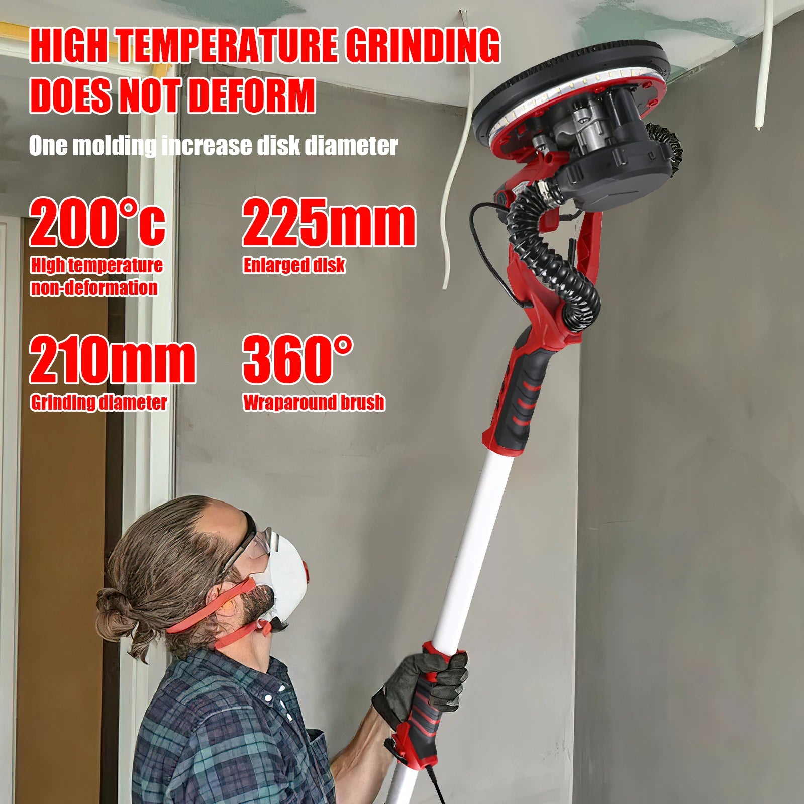 Levigatrice per cartongesso 220V Regola la velocità Pieghevole per lucidatura delle pareti del pavimento Guida Lucidatrice per stucco notturno a LED Macchina per la polvere automatica