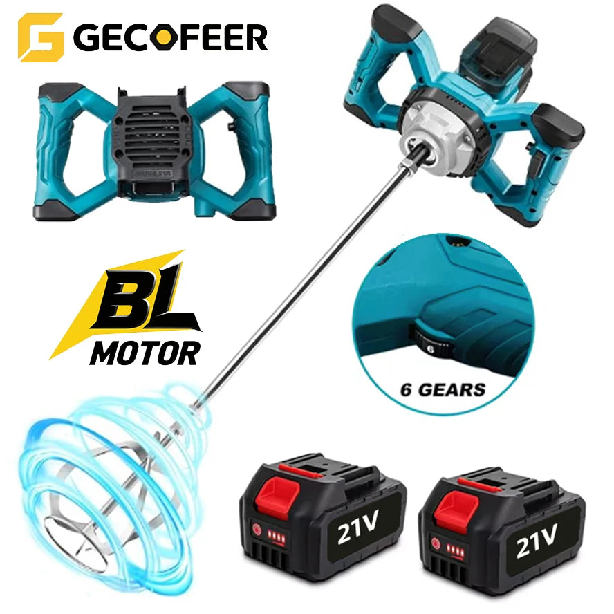 GECOFEER 6Gears Cordless Elettrico Betoniera Mixer Brushless Malta di Cemento Gesso Mixer Frullatore Vernice Mix Per makita 18v batteria