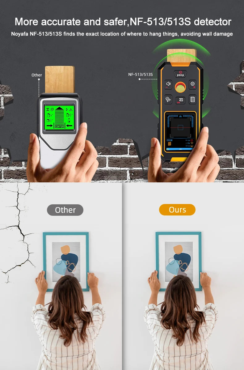 NOYAFA Scanner portatile per metal detector da parete con foro di posizionamento Fili CA in legno Tubi metallici Rebarrili Strumento di rilevamento Cerca filo