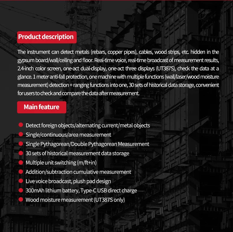 UNI-T Scanner da parete UT387E UT387S UT387LM 4 in 1 Metal Detector Wood Stud Finder Tensione CA Cavi sotto tensione Fili Profondità Tracker