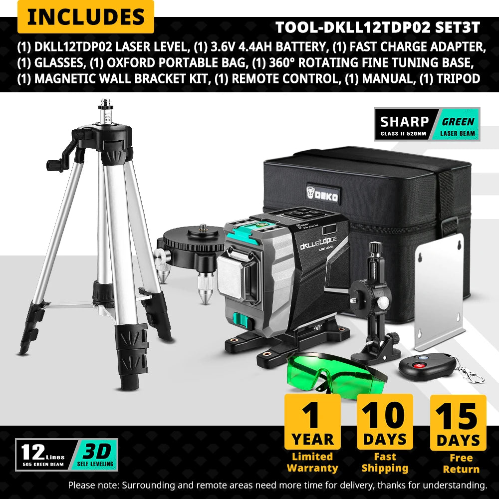 DEKO 12 linee 3D livello Laser verde linee trasversali orizzontali e verticali 520nm, autolivellante automatico, alta precisione (serie muslimah)