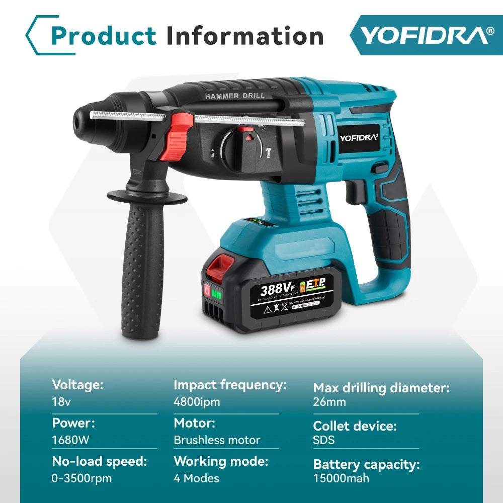 YOFIDRA 26mm Martello rotante elettrico senza spazzole Cordless Multifunzionale Trapano a percussione Utensili elettrici per Makita Batteria Pin