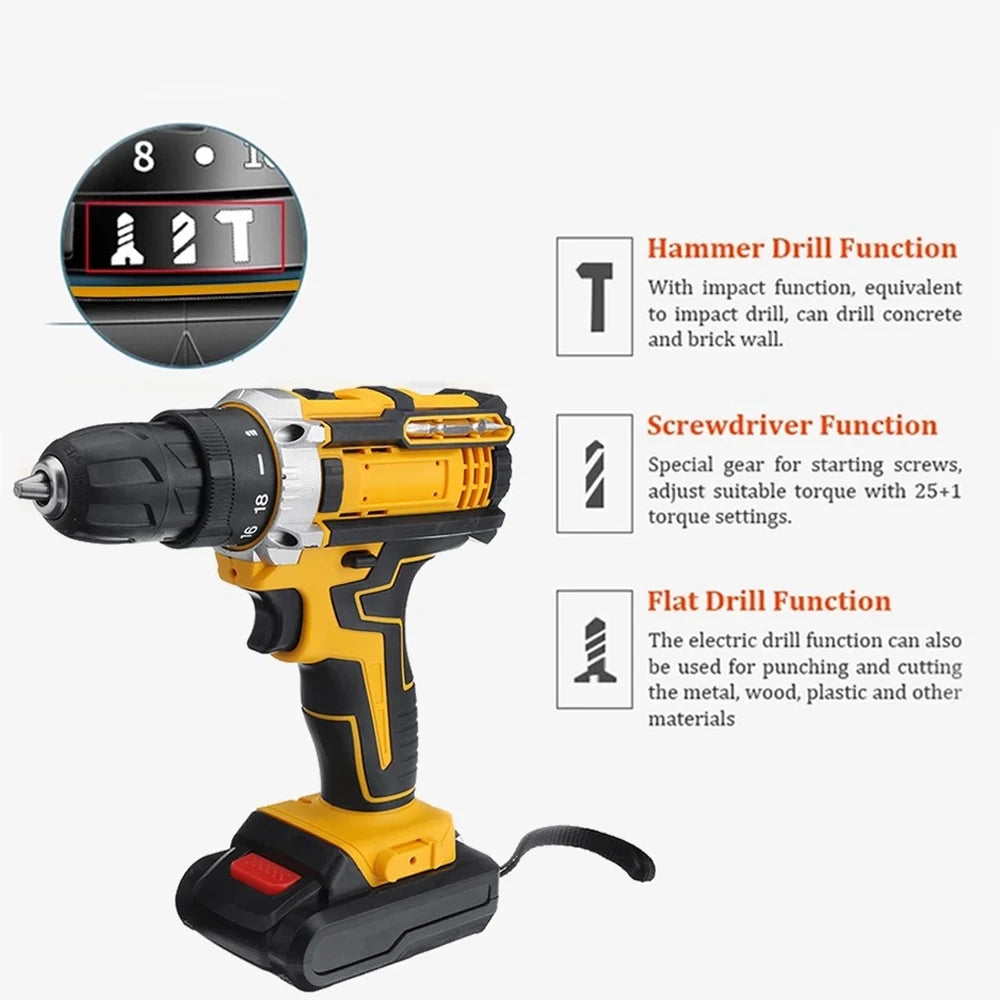 Cacciavite a percussione elettrico con coppia 25 + 3 Impostazione multifunzionale Cacciavite elettrico con trapano a batteria a 2 velocità con 2 batterie