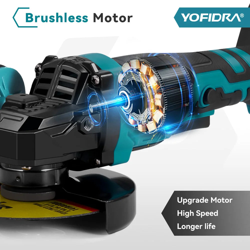 YOFIDRA 125 millimetri Brushless Smerigliatrice Angolare 3 Ingranaggi Rettificatrice Lucidatura Taglio Strumento di Lavorazione Del Legno Per Makita 18V Batteria Spille