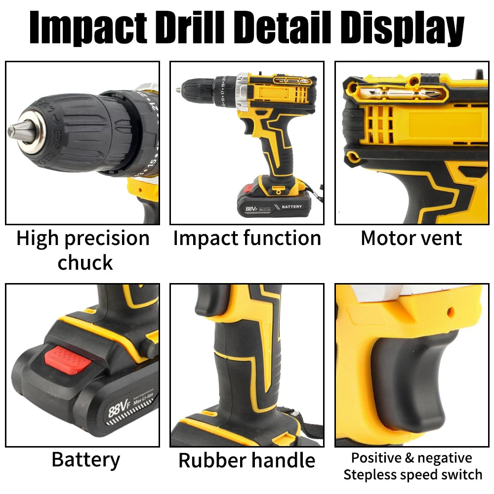 Cacciavite a percussione elettrico con coppia 25 + 3 Impostazione multifunzionale Cacciavite elettrico con trapano a batteria a 2 velocità con 2 batterie