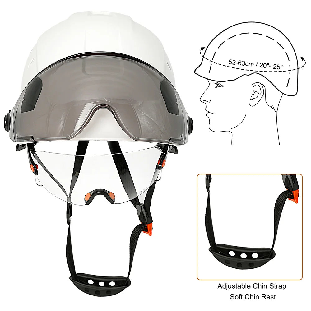 Casco di sicurezza da costruzione CE con visiera, paraorecchie con occhiali integrati per elmetto protettivo da ingegnere, protezione per la testa del berretto da lavoro industriale ANSI