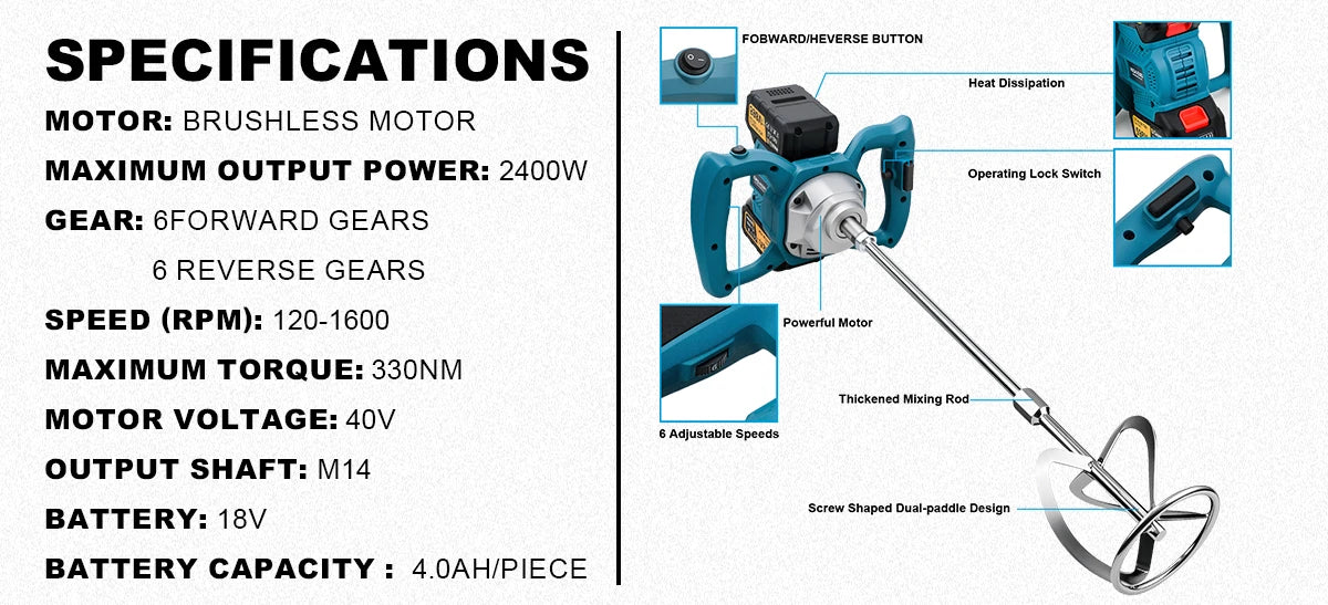 Gami 40V Brushless Elettrico Betoniera Mixer 6 Velocità Cordless Malta di Cemento Gesso Vernice Frullatore Per makita 18v batteria pin