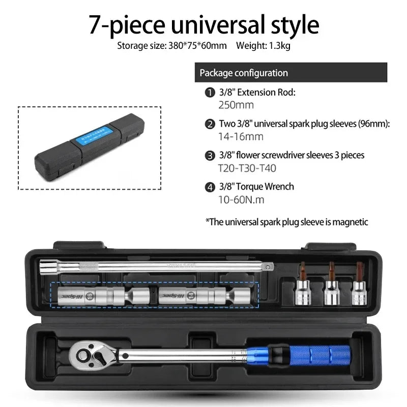 Kit chiave dinamometrica regolabile con precisione 3/8" 10-60N.m con cricchetto a doppia direzione e strumento per la rimozione di candele magnetiche