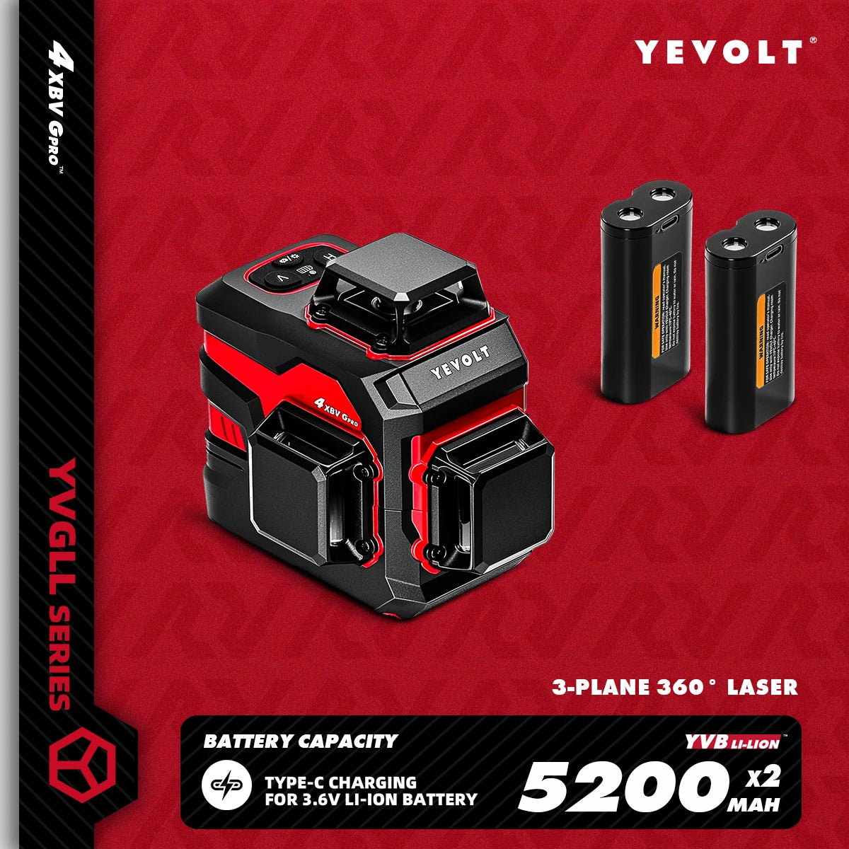 YEVOLT YVGLL4XS12 Livello laser Raggio verde a 12 linee Precisione ±0,2 mm/m, resistenza alla polvere/acqua IP54, livellamento automatico e modalità pendenza
