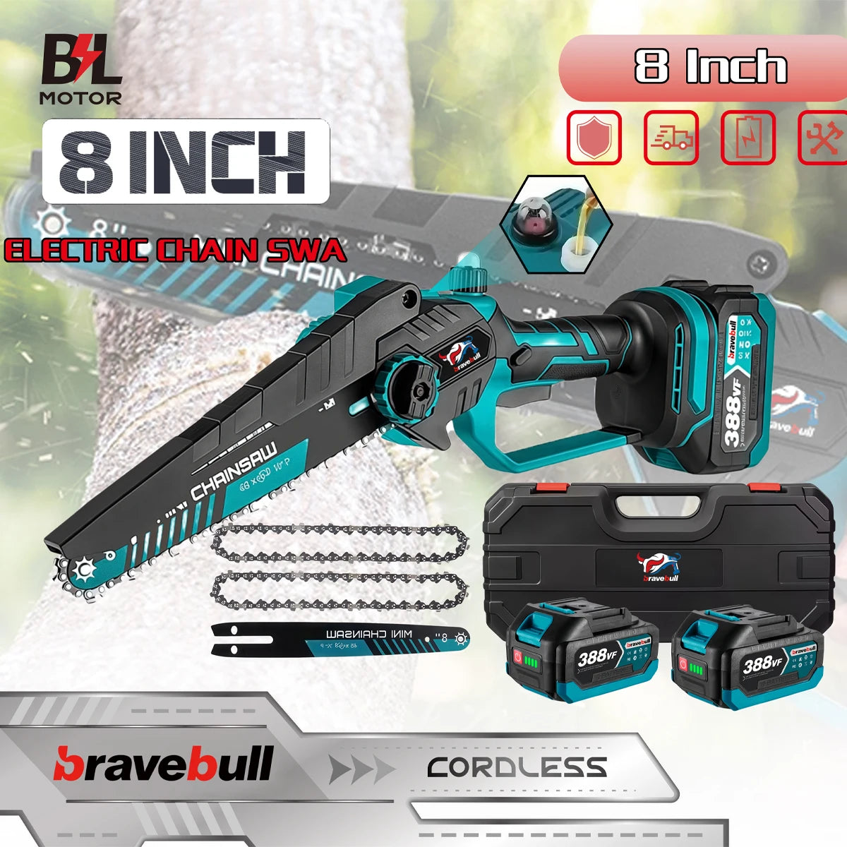 Recentemente Sega Elettrica Senza Spazzole Da 8 Pollici Con 2PCS Catene Cordless Lavorazione Del Legno Giardino Potatura Motosega Set Per Makita 18V Batteria Spille