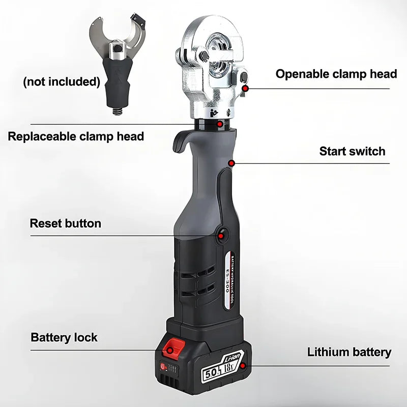 Crimpatrice idraulica elettrica ES-300 con manico dritto per terminali in rame e alluminio da 10-300 mm2 con crimpatura rapida e 360 °   Rotazione