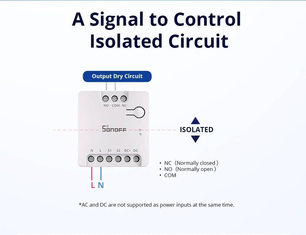 SONOFF MINI-D Wi-Fi Smart Switch Primo MINI dispositivo relè a contatto secco con importa supporta il controllo del contattore di alimentazione CA/CC
