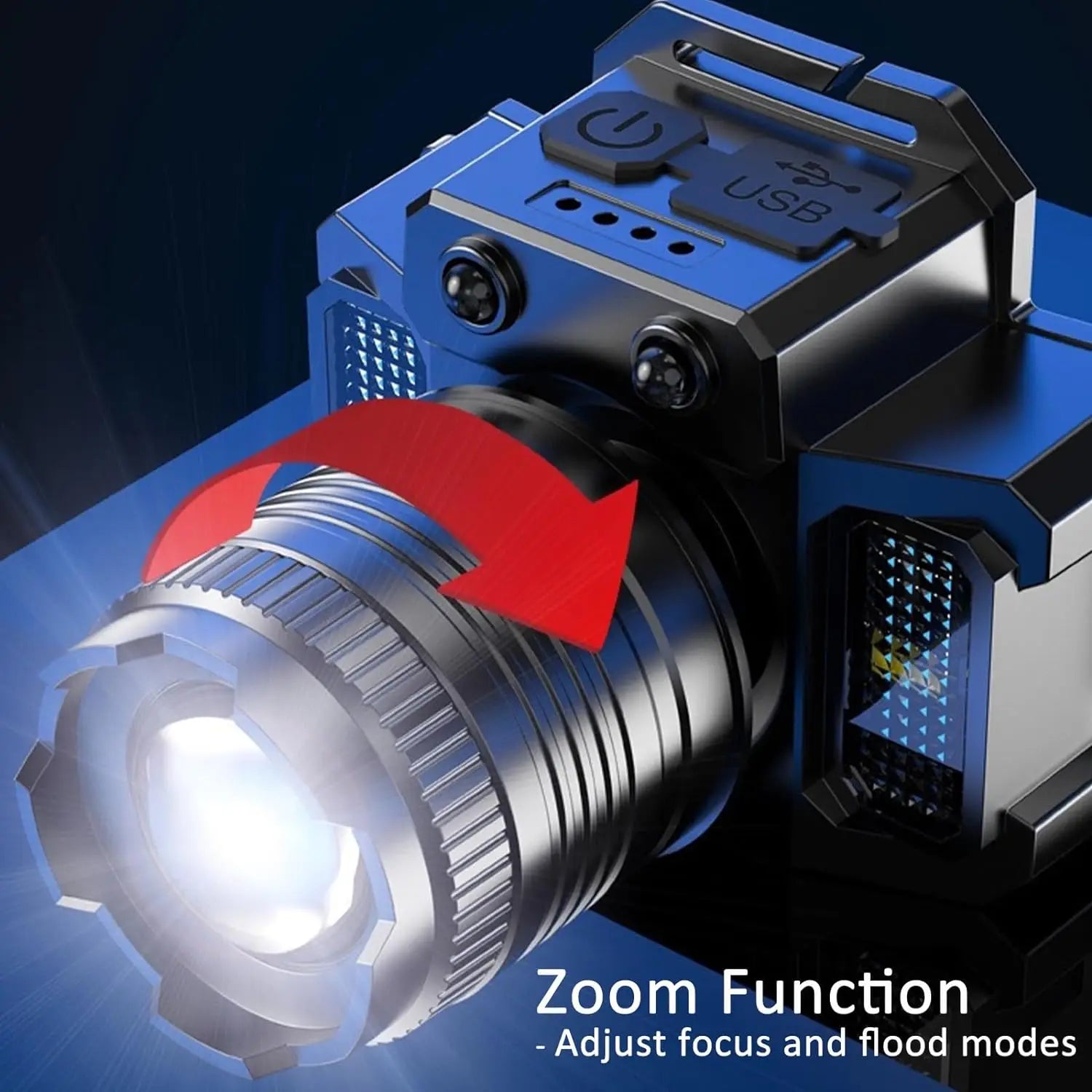 Induzione intelligente Luce bianca Faro a LED Zoom Sensore di ricarica USB Lampada frontale a LED Torcia frontale multifunzione per esterni Lampade a lanterna