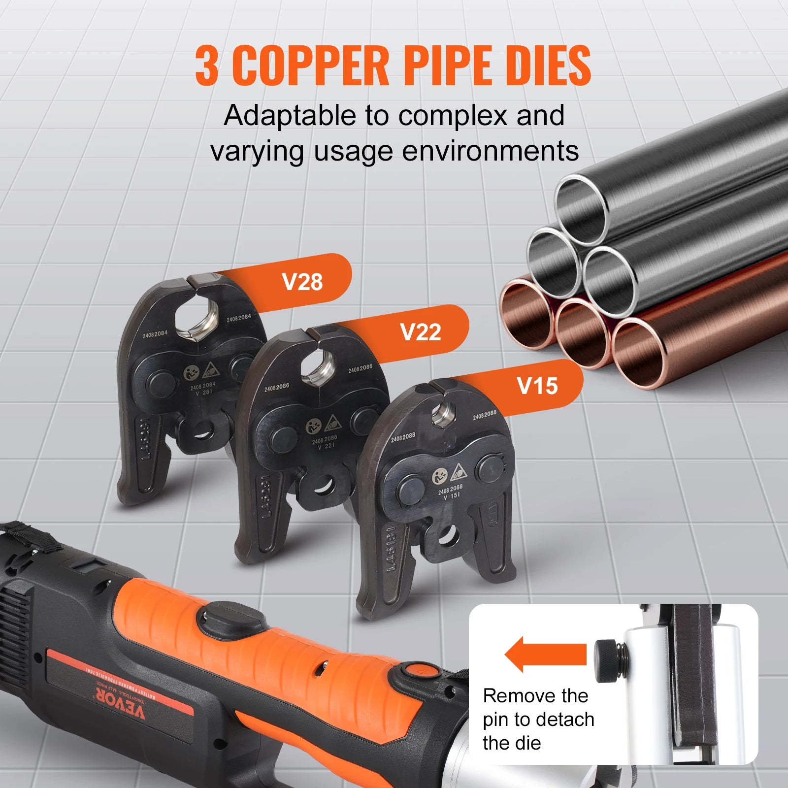 VEVOR Strumenti per crimpare tubi Raccordi per tubi in rame Piegatrice Kit di strumenti per pressatura idraulica V15 V22 V28 ganasce con 2 batterie 20V 4.0Ah