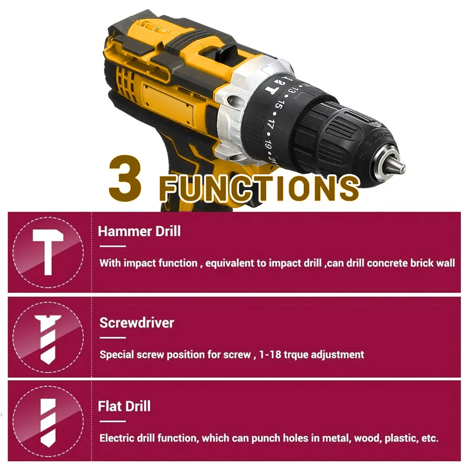 Cacciavite a percussione elettrico con coppia 25 + 3 Impostazione multifunzionale Cacciavite elettrico con trapano a batteria a 2 velocità con 2 batterie