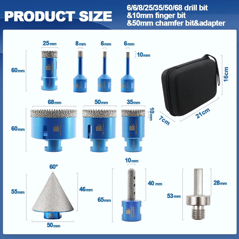 BRSCHNITT-Set di punte per piastrelle diamantate 6/8/25/35/50/68mm Adattatore per fresatura Granito Marmo Pietra Ceramica Porcellana 10 pezzi/kit di utensili