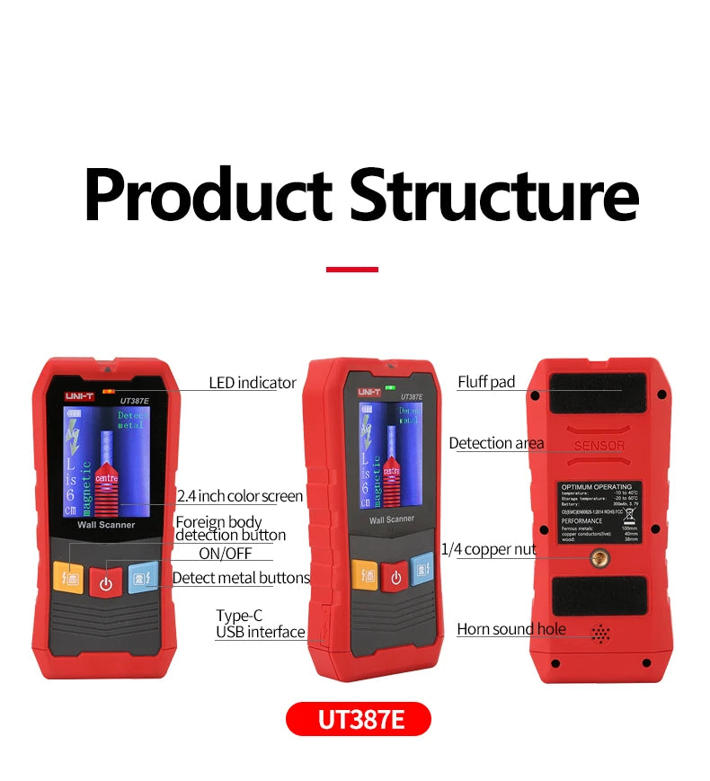 UNI-T Scanner da parete UT387E UT387S UT387LM 4 in 1 Metal Detector Wood Stud Finder Tensione CA Cavi sotto tensione Fili Profondità Tracker