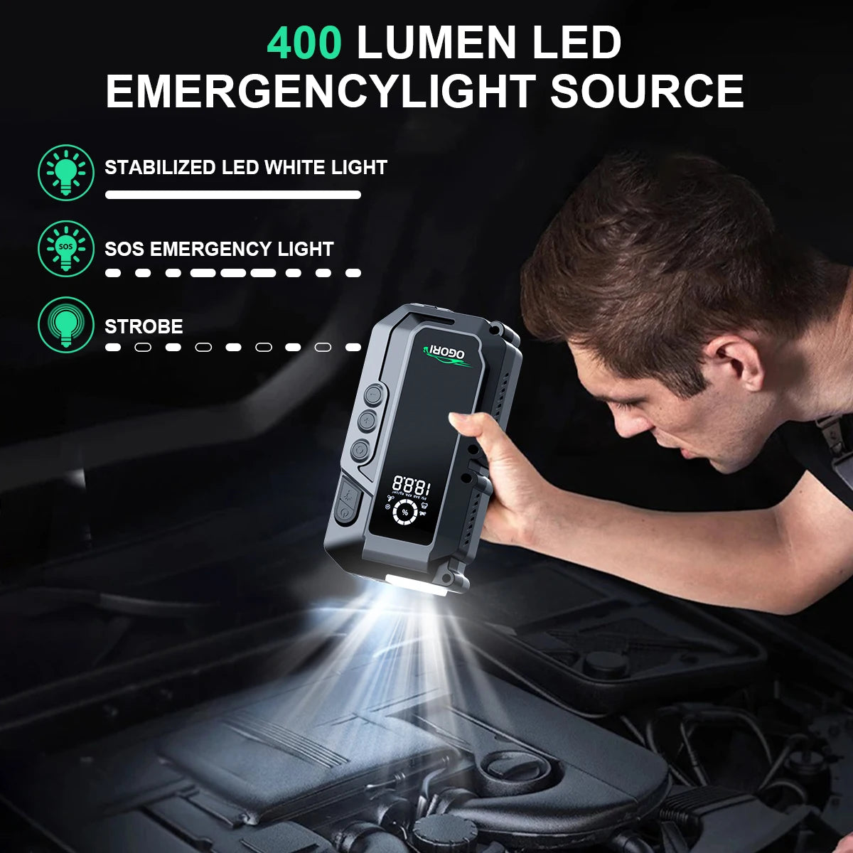 Avviatore di emergenza per auto 4 in 1 7500A con compressore d'aria Pack Booster 12V Power Bank QC 3.0 con torcia Avvia fino a tutti i gas