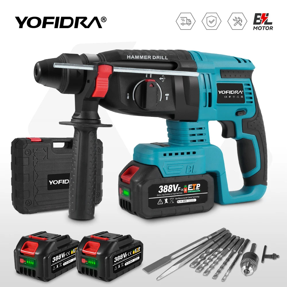 YOFIDRA 26mm Martello rotante elettrico senza spazzole Cordless Multifunzionale Trapano a percussione Utensili elettrici per Makita Batteria Pin