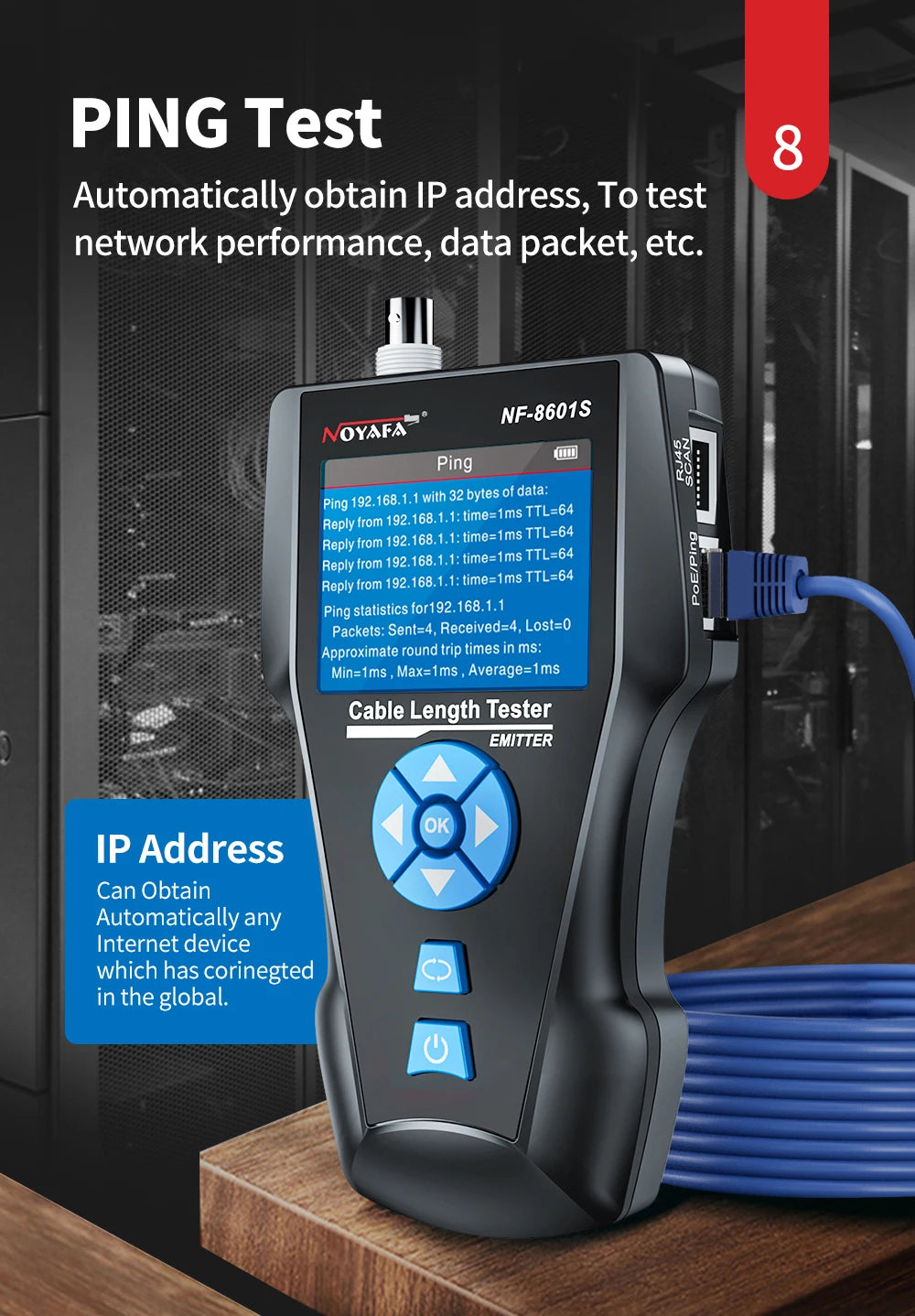 NOYAFA NF-8601S Tester per cavi di rete Localizzatore di cavi anti-interferenza PING Tester RJ45 RJ11 Misuratore di lunghezza Tester Strumenti di rete