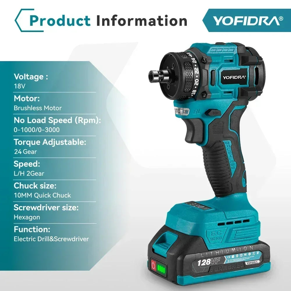 YOFIDRA 2 in1 Cacciavite elettrico senza spazzole Martello Trapano a batteria Impatto Utensile elettrico multifunzionale per Makita 18V Batteria Pin
