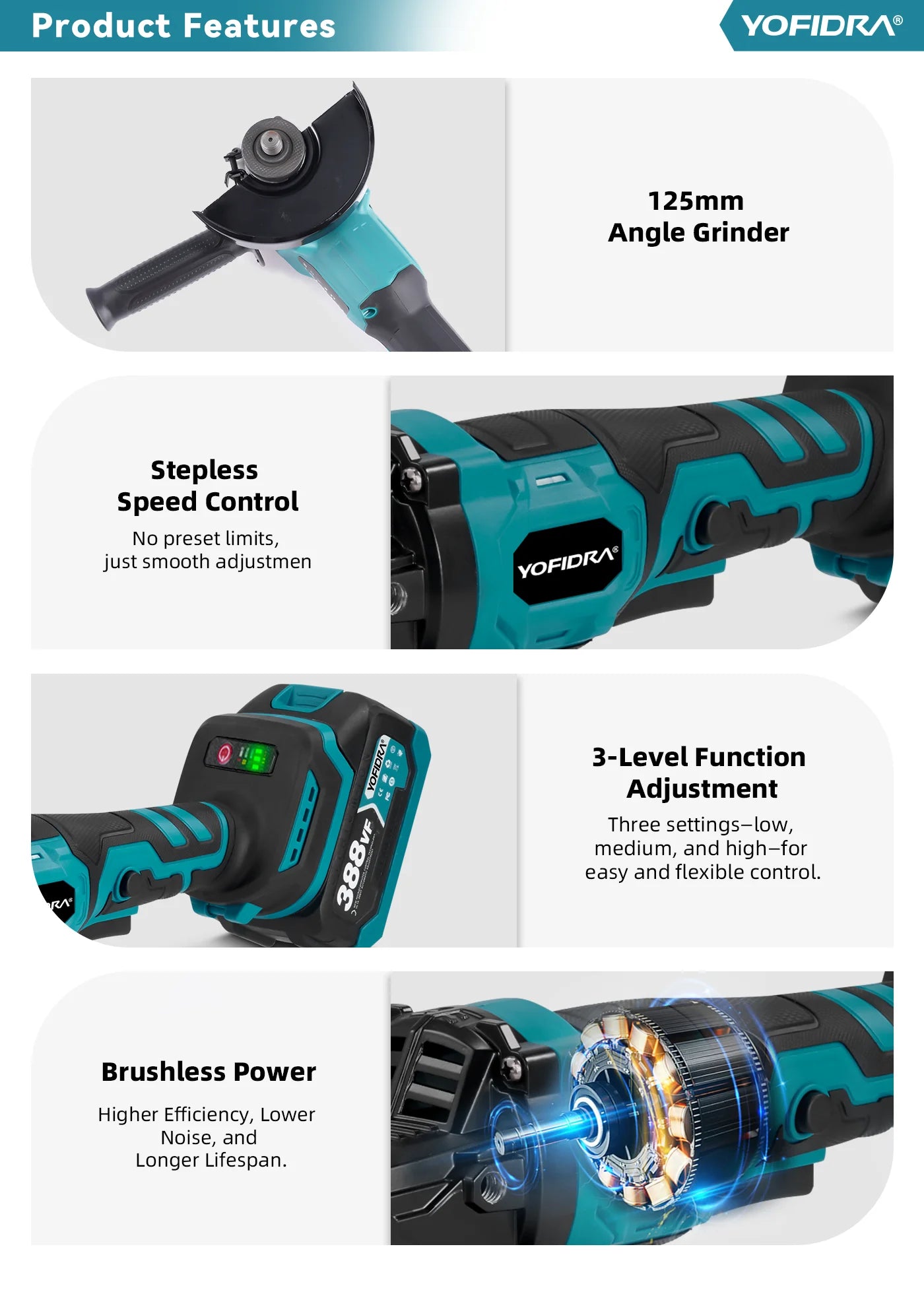 YOFIDRA 125 millimetri Brushless Smerigliatrice Angolare 3 Ingranaggi Rettificatrice Lucidatura Taglio Strumento di Lavorazione Del Legno Per Makita 18V Batteria Spille