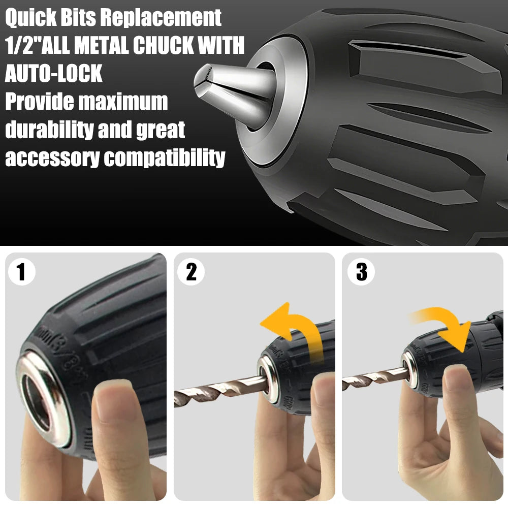 Cacciavite a percussione elettrico con coppia 25 + 3 Impostazione multifunzionale Cacciavite elettrico con trapano a batteria a 2 velocità con 2 batterie