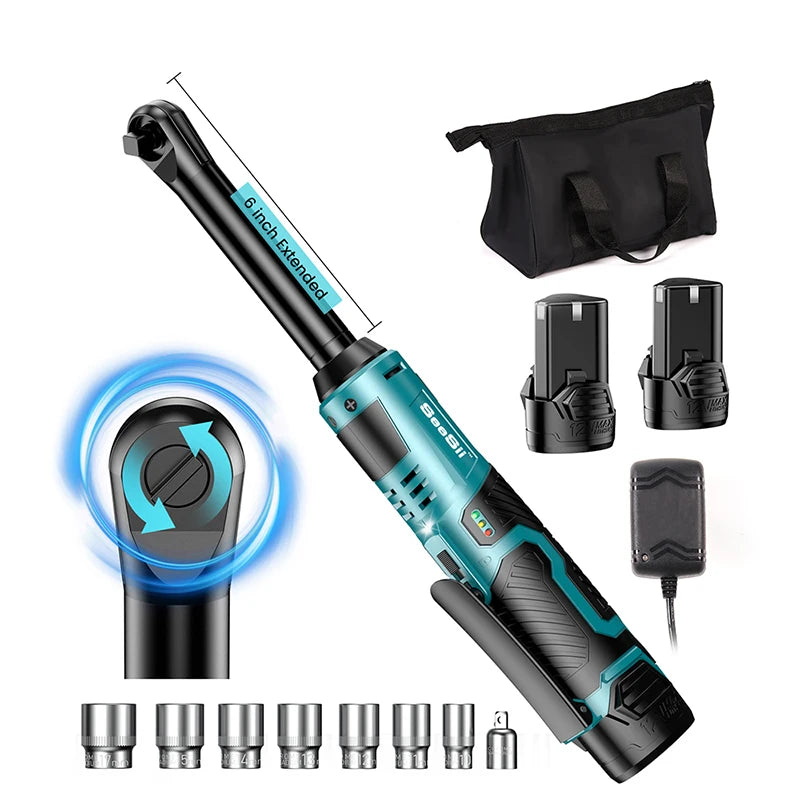 SEESII 6 "Chiave a cricchetto estesa 3/8" Chiave elettrica a batteria 55Nm 12V Chiave angolare ricaricabile Strumenti di riparazione auto con/2 batterie