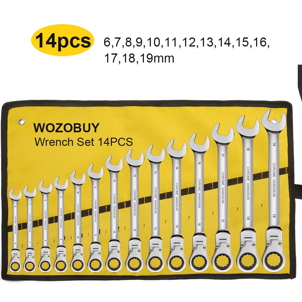 Set di chiavi combinate a cricchetto, chiave a cricchetto con testa flessibile metrica da 6-23 mm, chiave in acciaio al cromo vanadio con borsa