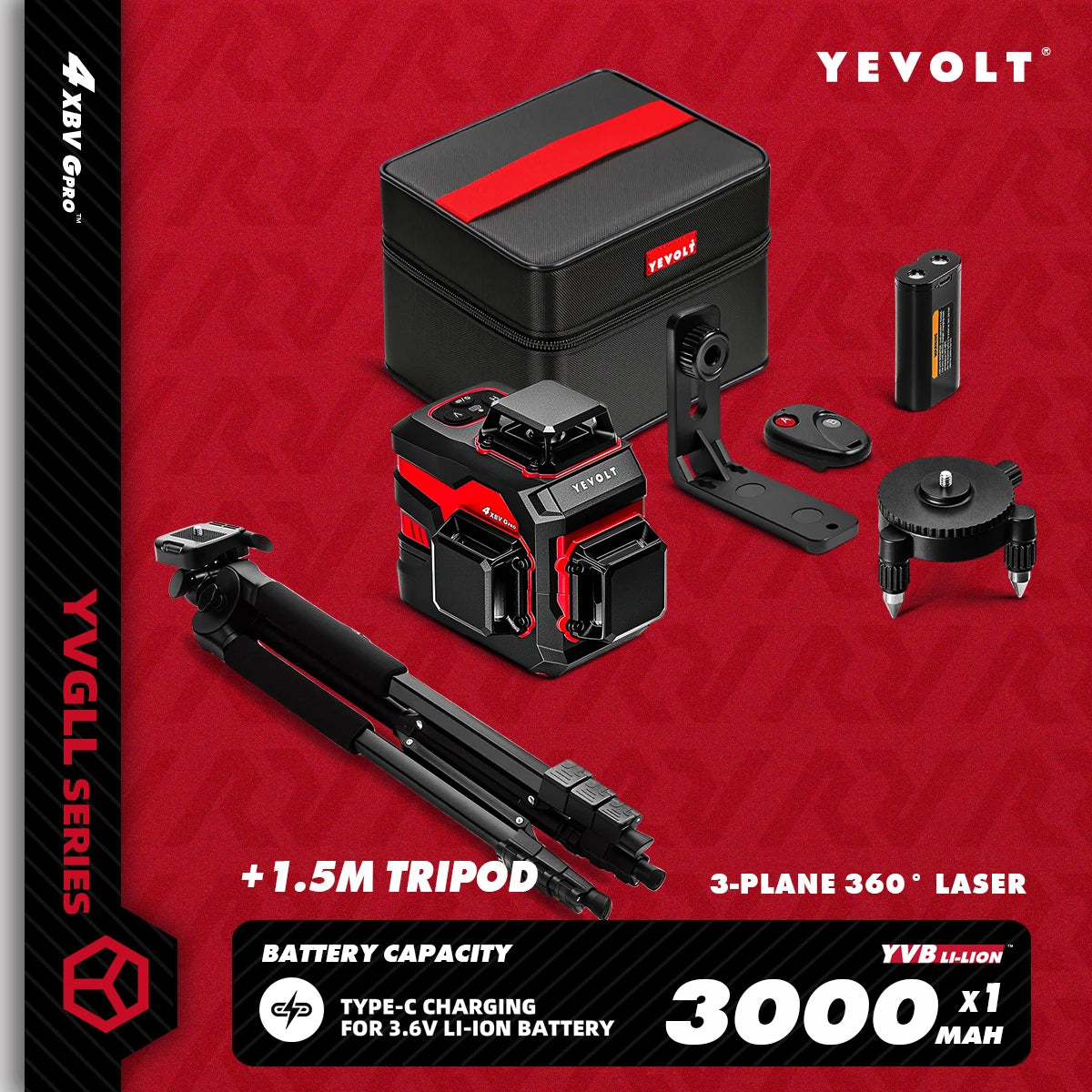 YEVOLT YVGLL4XS12 Livello laser Raggio verde a 12 linee Precisione ±0,2 mm/m, resistenza alla polvere/acqua IP54, livellamento automatico e modalità pendenza